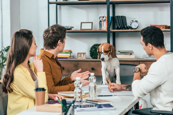 Três Alunos Com Cadernos Sentados Mesa Olhando Para Cão Beagle — Fotografia de Stock