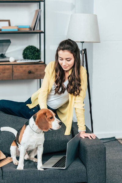 Привлекательная темноволосая девушка, сидящая на диване с ноутбуком и собакой

