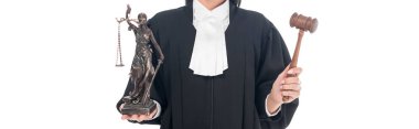 Panoramic shot of judge in judicial robe holding gavel and themis figurine isolated on white clipart