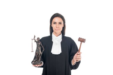 Judge in judicial robe holding gavel and themis figurine isolated on white clipart