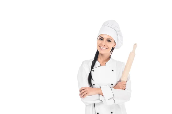 Chef Uniforme Sosteniendo Rodillo Aislado Blanco — Foto de Stock