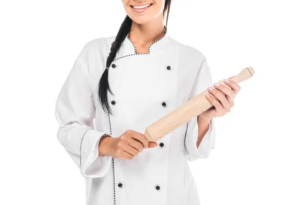 Cropped View Chef Uniform Holding Rolling Pin Isolated White — Stock Photo, Image