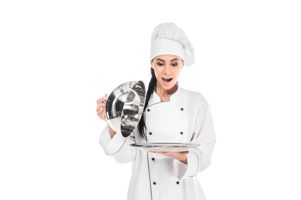 Shocked Chef Hat Holding Tray Cloche Isolated White — Stock Photo, Image