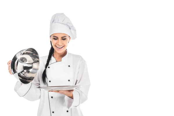 Chef Hat Holding Tray Cloche Isolated White — Stock Photo, Image