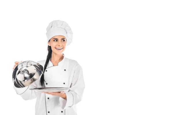 Chef Sonriente Bandeja Sujeción Sombrero Con Cloche Aislado Blanco —  Fotos de Stock