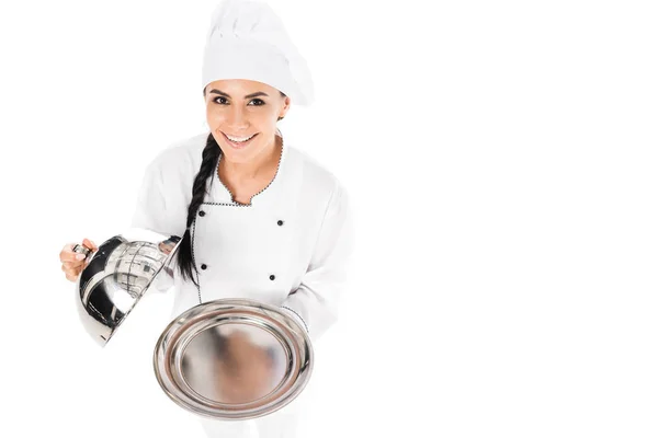 Chef Hat Holding Tray Cloche Isolated White — Stock Photo, Image