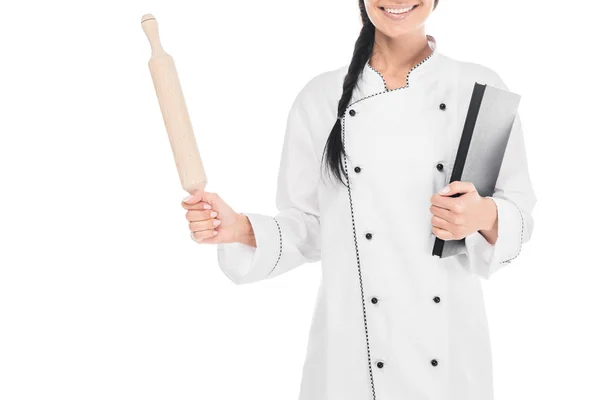 Cropped View Chef Uniform Holding Rolling Pin Book Isolated White — Stock Photo, Image