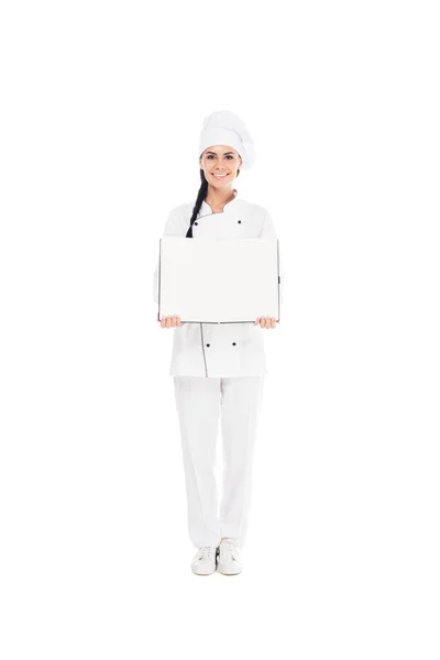 Full Length View Smiling Chef Hat Holding Open Book Isolated — Stock Photo, Image