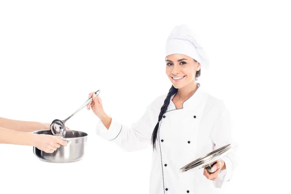 Smiling Chef Dipping Ladle Pot Isolated White — Stock Photo, Image