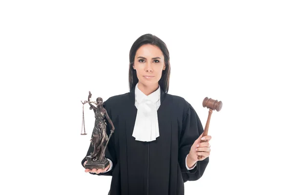 Суддя Судовому Халаті Тримає Подаровану Фігурку Ізольовану Білому — стокове фото