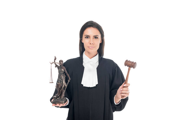 Judge in judicial robe holding gavel and themis figurine isolated on white