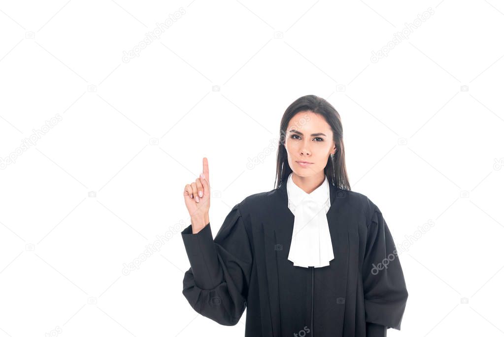 Judge in judicial robe showing idea gesture isolated on white