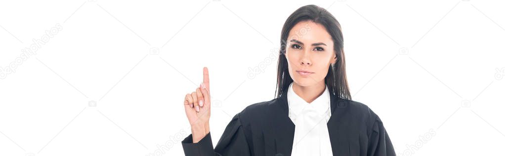 Panoramic shot of judge in judicial robe showing idea gesture isolated on white