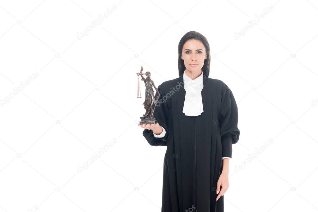 Judge in judicial robe holding themis figurine isolated on white