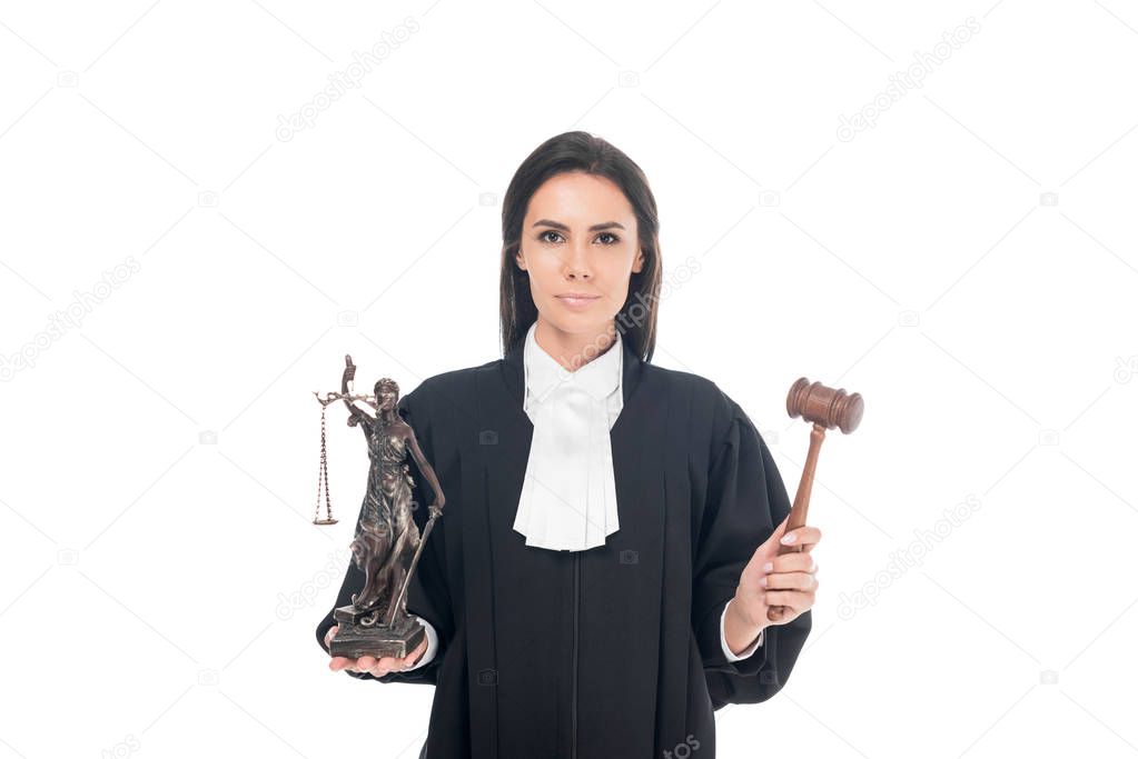 Judge in judicial robe holding gavel and themis figurine isolated on white