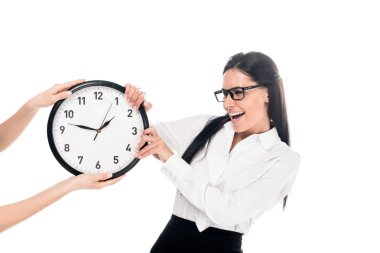 Screaming irritated businesswoman in glasses holding clock isolated on white clipart