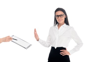 Dissatisfied businesswoman in glasses refusing to sign contract isolated on white clipart