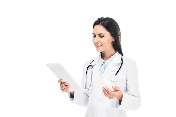 Doctor White Coat Stethoscope Using Digital Tablet Isolated White — Stock Photo, Image