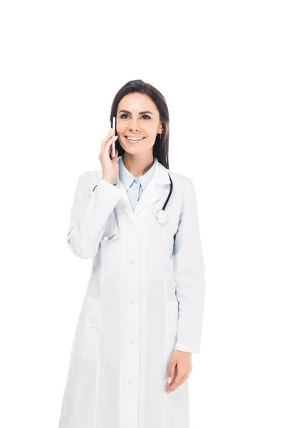 Doctor White Coat Stethoscope Talking Smartphone Isolated White — Stock Photo, Image