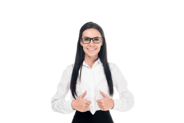 Empresária Sorridente Óculos Mostrando Polegares Isolados Branco — Fotografia de Stock