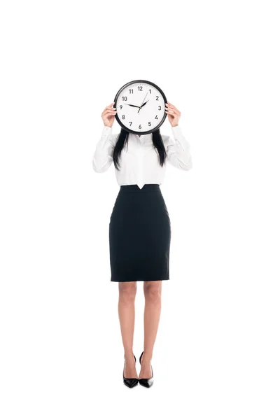 Vista Completa Mujer Negocios Morena Camisa Sosteniendo Reloj Aislado Blanco — Foto de Stock