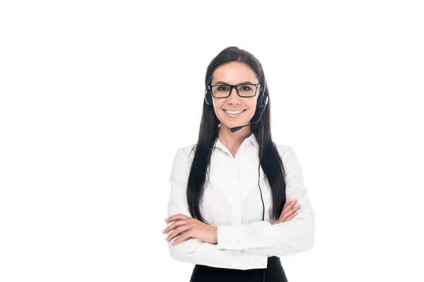 Vista Frontal Del Operador Del Centro Llamadas Sonriente Gafas Con — Foto de Stock