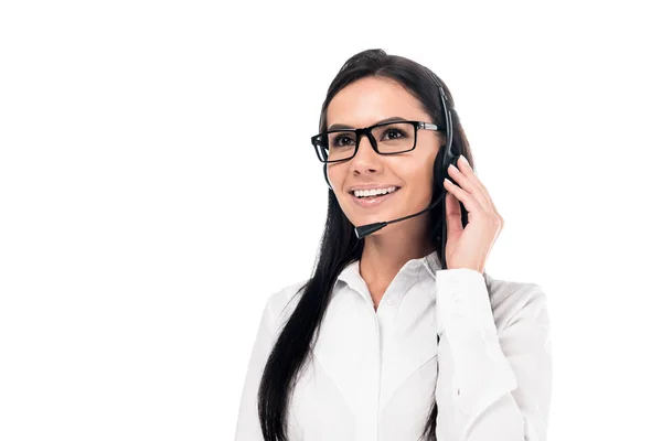 Leende Call Center Operatör Glasögon Att Vidröra Headsetet Isolerad Vit — Stockfoto