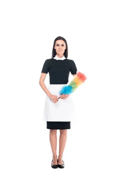 Full Length View Brunette Maid Uniform Holding Duster Isolated White — Stock Photo, Image