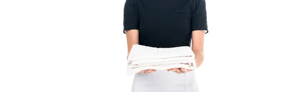 Panoramic Shot Maid Apron Holding Towels Isolated White — Stock Photo, Image