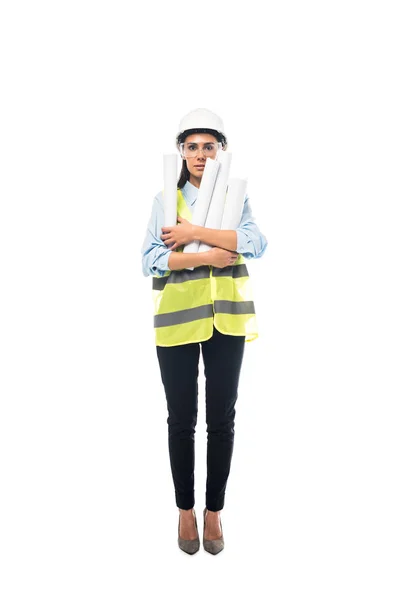 Full Length View Engineer Hardhat Goggles Holding Blueprints Isolated White — Stock Photo, Image