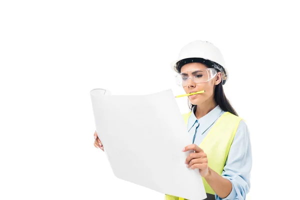 Concentrated Engineer Safety Vest Looking Blueprint Isolated White — Stock Photo, Image