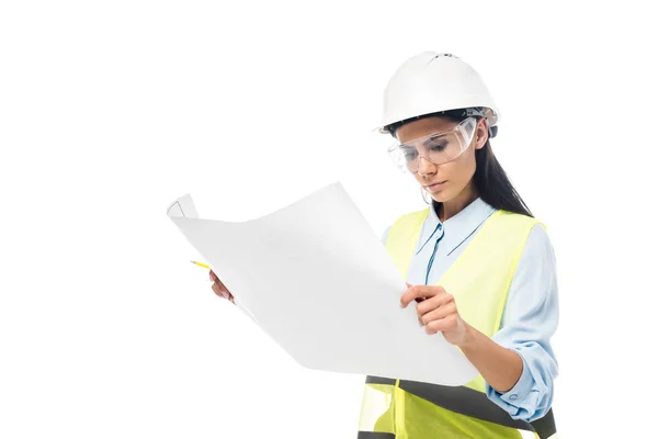 Concentrated Engineer Safety Vest Looking Blueprint Isolated White — Stock Photo, Image