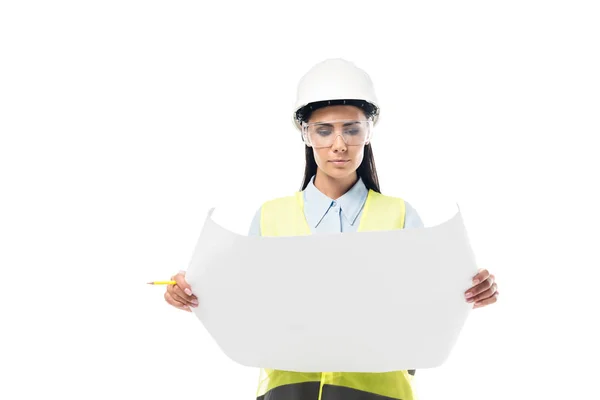 Concentrated Engineer Safety Vest Looking Blueprint Isolated White — Stock Photo, Image