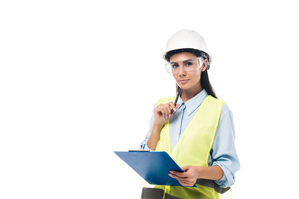 Engineer in hardhat holding clipboard isolated on white