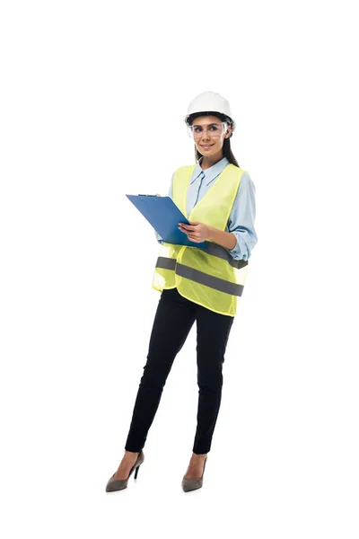 Full Length View Engineer Hardhat Holding Clipboard Isolated White — Stock Photo, Image