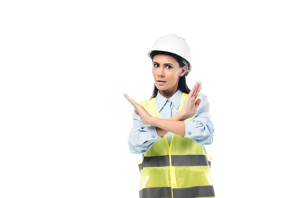 Worried Engineer Hardhat Showing Stop Sign Isolated White — Stock Photo, Image