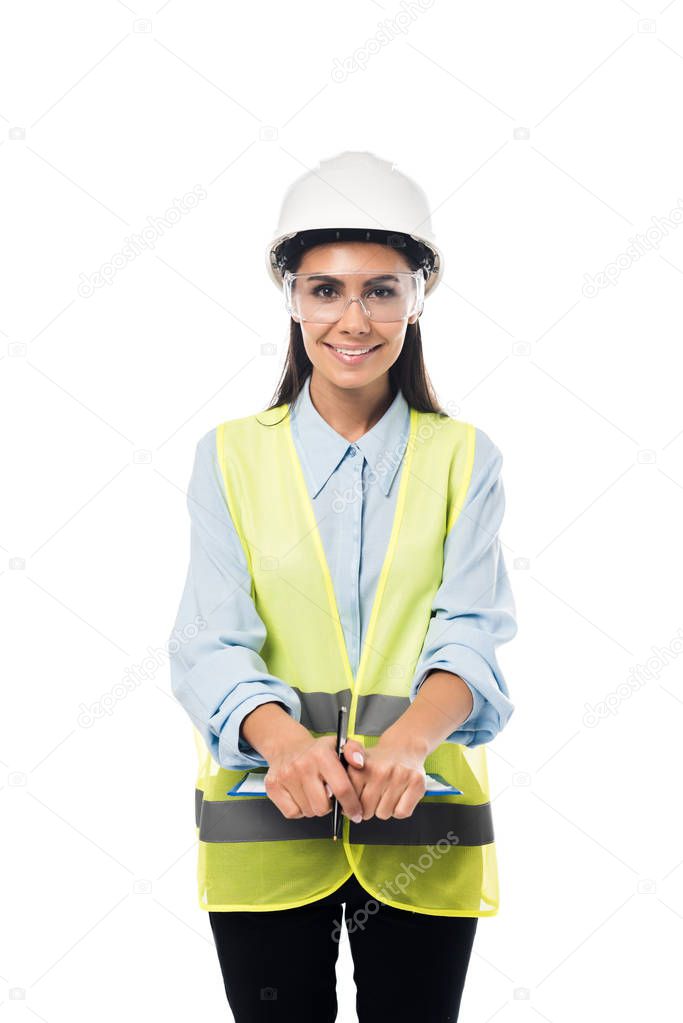 Engineer in hardhat holding clipboard isolated on white