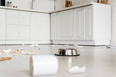 selective focus of metal bowl on floor with toilet paper and broken dishes  clipart
