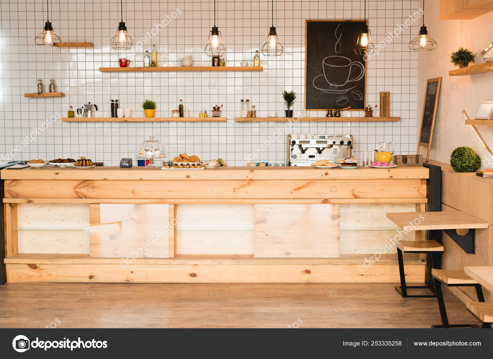 Interior Cafeteria Wooden Bar Counter Shelves Board Drawn