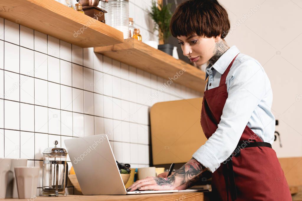 pretty barista in apron using laptop in coffee shop