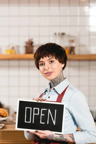 Beautiful Barista Holding Signboard Open Inscription Looking Camera — Stock Photo, Image