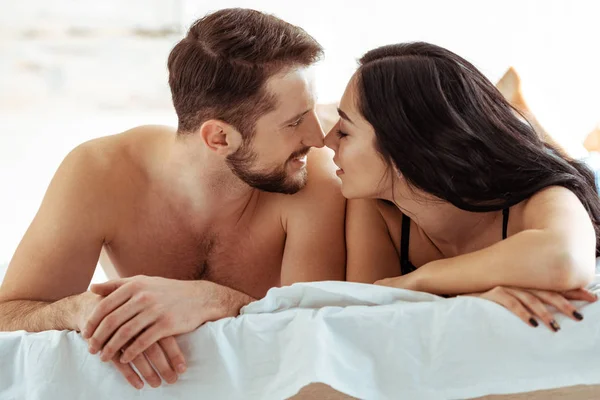 Handsome Man Lying Bed Hugging Beautiful Woman Bedroom — Stock Photo, Image