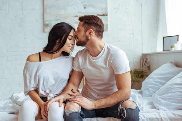 Handsome Man Jeans Beautiful Woman Sitting Bed Hugging — Stock Photo, Image
