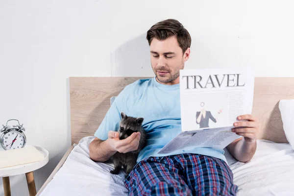 英俊的男人躺在床上可爱的浣熊和举行旅游报纸 — 图库照片