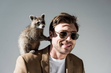 handsome man in sunglasses with adorable raccoon on shoulder on grey clipart