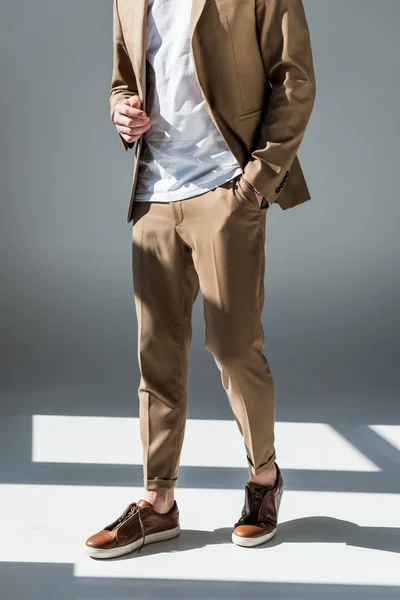 Partial View Trendy Man Beige Suite Standing Sunlight Grey — Stock Photo, Image