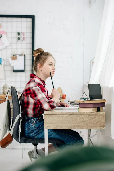 Pensive Teenager Checkered Shirt Holding Pen Table While Doing Homework — Stock Photo, Image