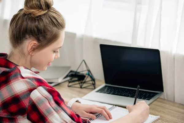 Teenager Checkered Shirt Writing Notebook While Doing Homework — Stock Photo, Image