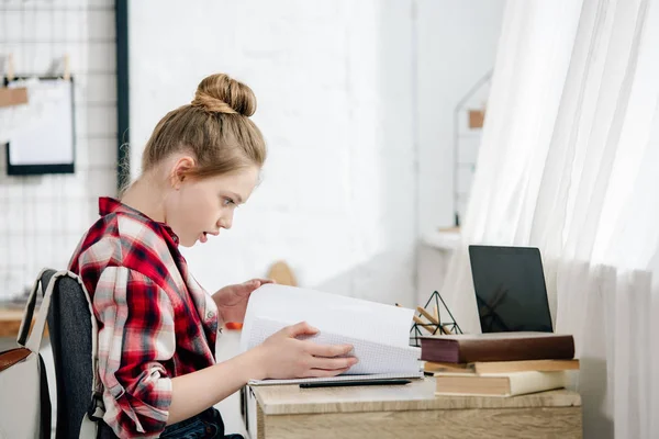 Side View Teenager Red Checkered Shirt Doing Homework Table — Stock Photo, Image