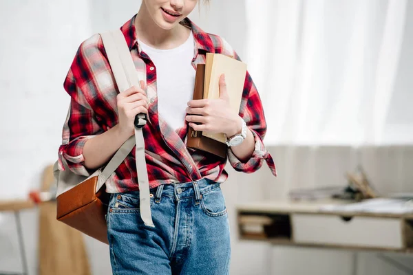 Cropped View Teenage Schoolgirl Checkered Shirt Backpack Holding Books — Stock Photo, Image